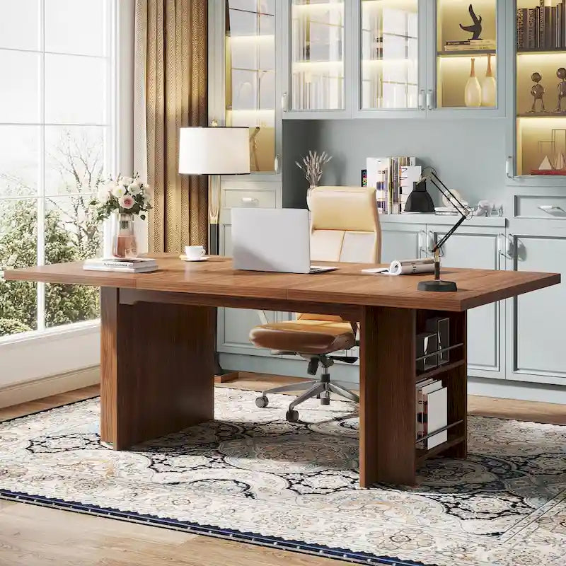 Bureau de direction 160 cm Noyer/Naturel/Marron avec deux étagères de rangement latérales