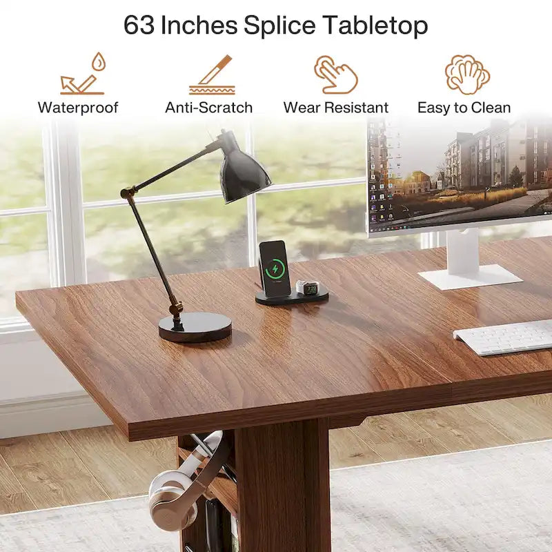 Bureau de direction 160 cm Noyer/Naturel/Marron avec deux étagères de rangement latérales