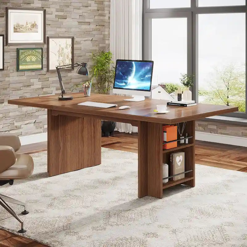 Bureau de direction 160 cm Noyer/Naturel/Marron avec deux étagères de rangement latérales