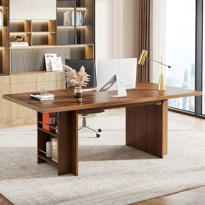 Bureau de direction 160 cm Noyer/Naturel/Marron avec deux étagères de rangement latérales
