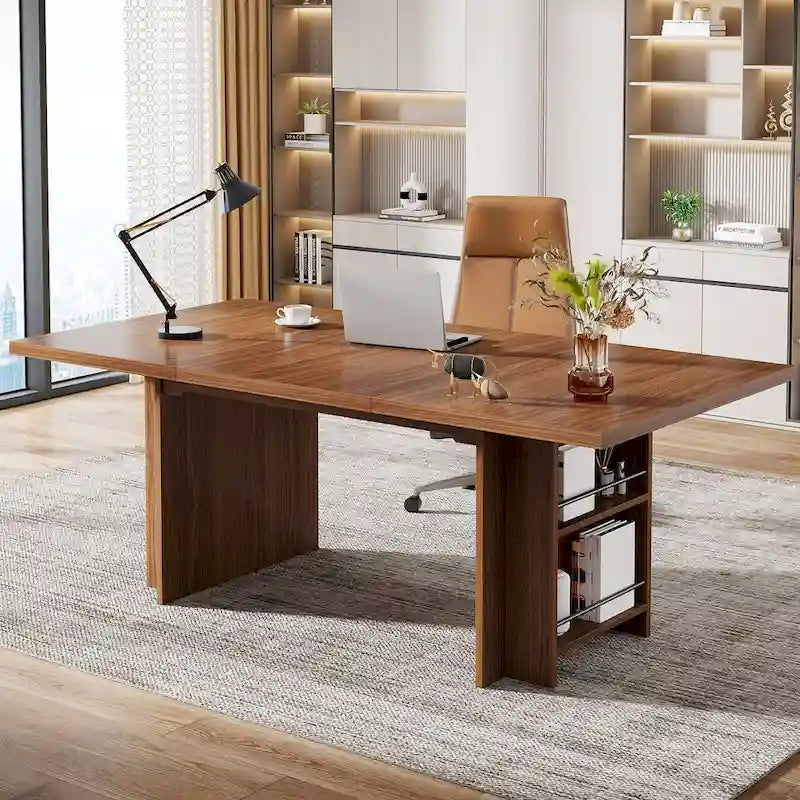 Bureau de direction 160 cm Noyer/Naturel/Marron avec deux étagères de rangement latérales