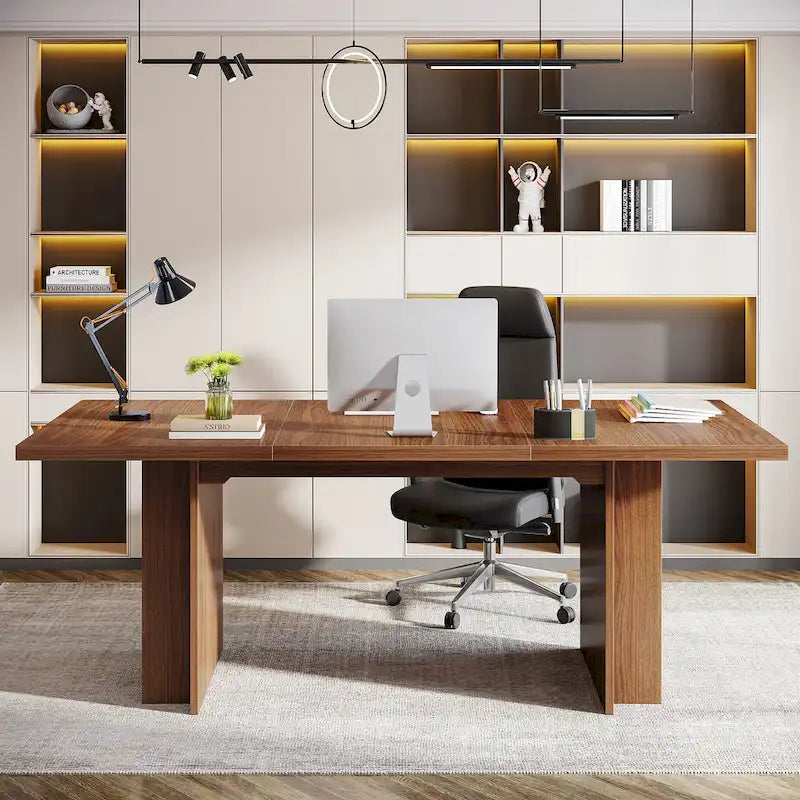 Bureau de direction 160 cm Noyer/Naturel/Marron avec deux étagères de rangement latérales