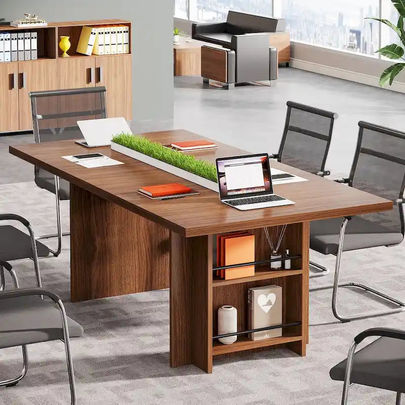 Bureau de direction 160 cm Noyer/Naturel/Marron avec deux étagères de rangement latérales
