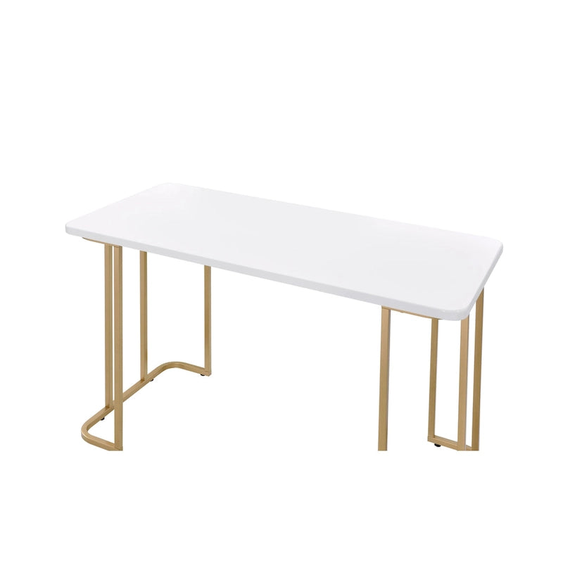 Bureau rectangulaire blanc et or avec piètement ouvert en métal
