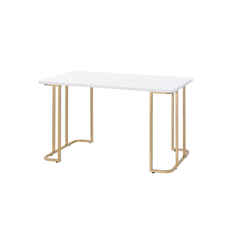 Bureau rectangulaire blanc et or avec piètement ouvert en métal