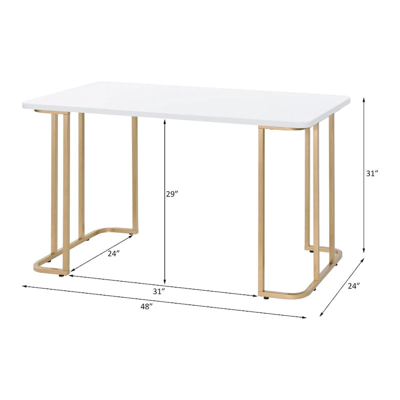 Bureau rectangulaire blanc et or avec piètement ouvert en métal