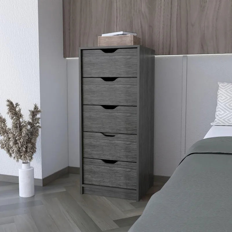 Commode verticale moderne à 5 tiroirs gris foncé/gris clair – Meuble de rangement fin pour chambre ou bureau