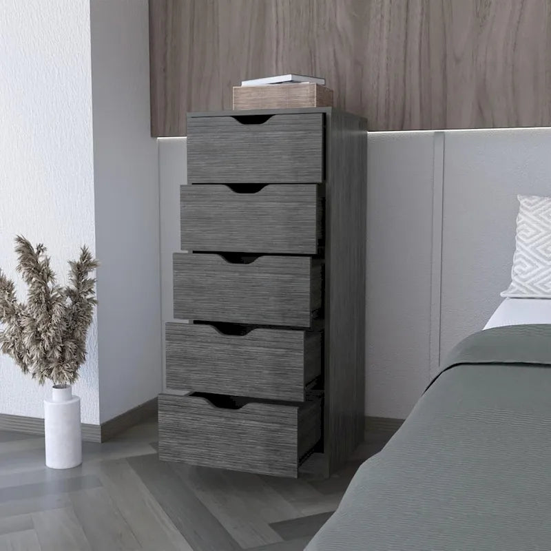 Commode verticale moderne à 5 tiroirs gris foncé/gris clair – Meuble de rangement fin pour chambre ou bureau