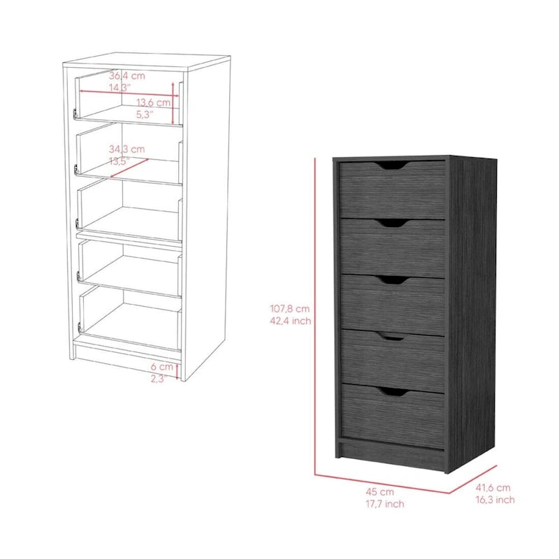Commode verticale moderne à 5 tiroirs gris foncé/gris clair – Meuble de rangement fin pour chambre ou bureau