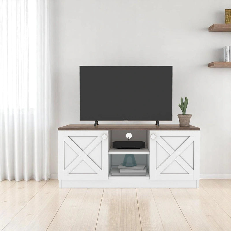 Meuble TV moderne blanc avec armoires de rangement à 2 portes et étagère centrale ouverte – Convient aux téléviseurs jusqu'à 65 pouces