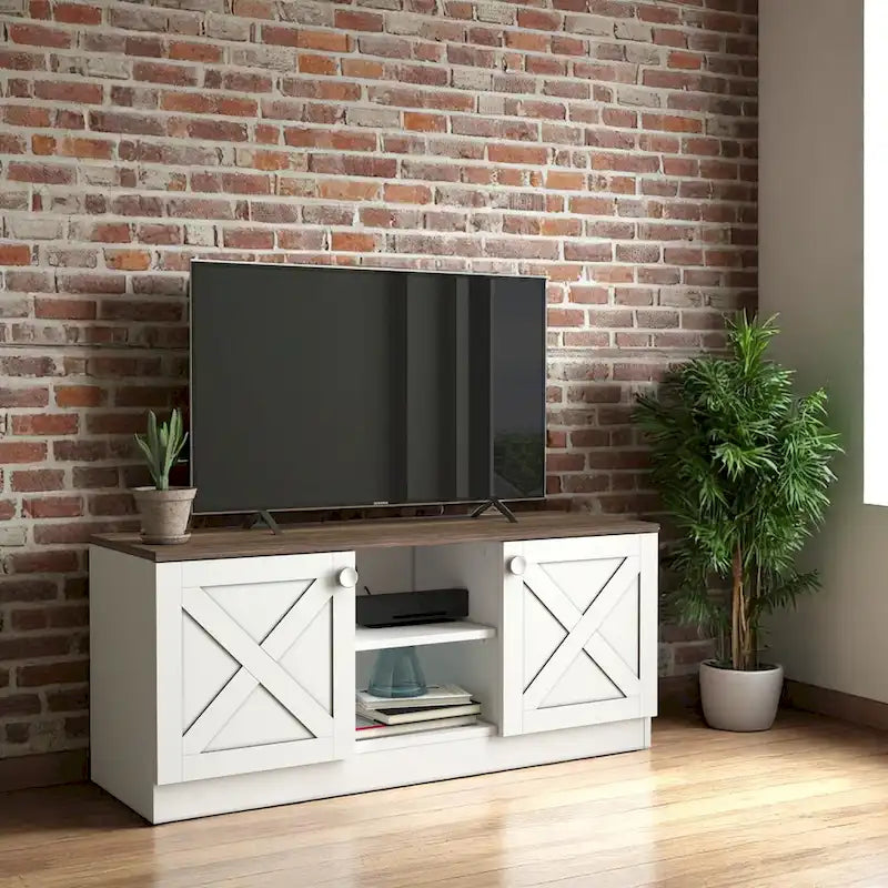 Meuble TV moderne blanc avec armoires de rangement à 2 portes et étagère centrale ouverte – Convient aux téléviseurs jusqu'à 65 pouces