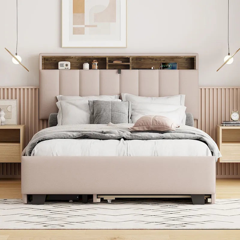 Lit plateforme en lin beige/gris avec rangement de tête de lit dissimulé, lit gigogne, 2 tiroirs et chargement USB – Double / Grand