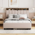 Lit plateforme en lin beige/gris avec rangement de tête de lit dissimulé, lit gigogne, 2 tiroirs et chargement USB – Double / Grand
