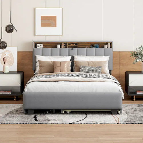 Linen Upholstered Platform Bed with Openable Storage Backrest, Wood Low Profile Bed with Trundle, 2 Drawers, Sockets, USB Ports