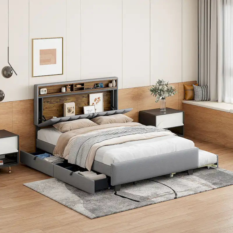 Lit plateforme en lin beige/gris avec rangement de tête de lit dissimulé, lit gigogne, 2 tiroirs et chargement USB – Double / Grand