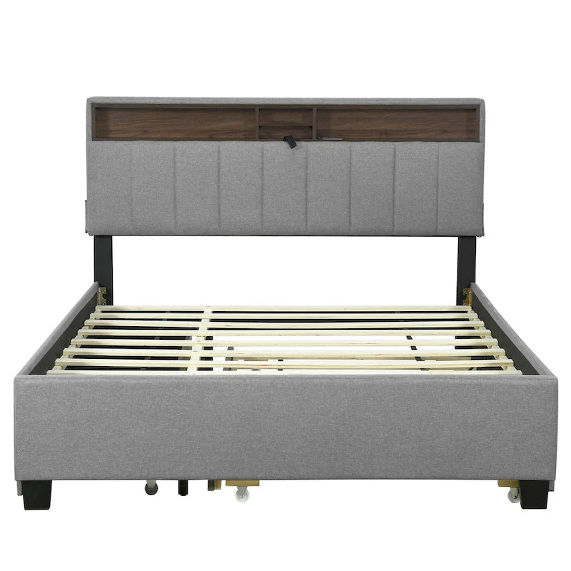 Lit plateforme en lin beige/gris avec rangement de tête de lit dissimulé, lit gigogne, 2 tiroirs et chargement USB – Double / Grand