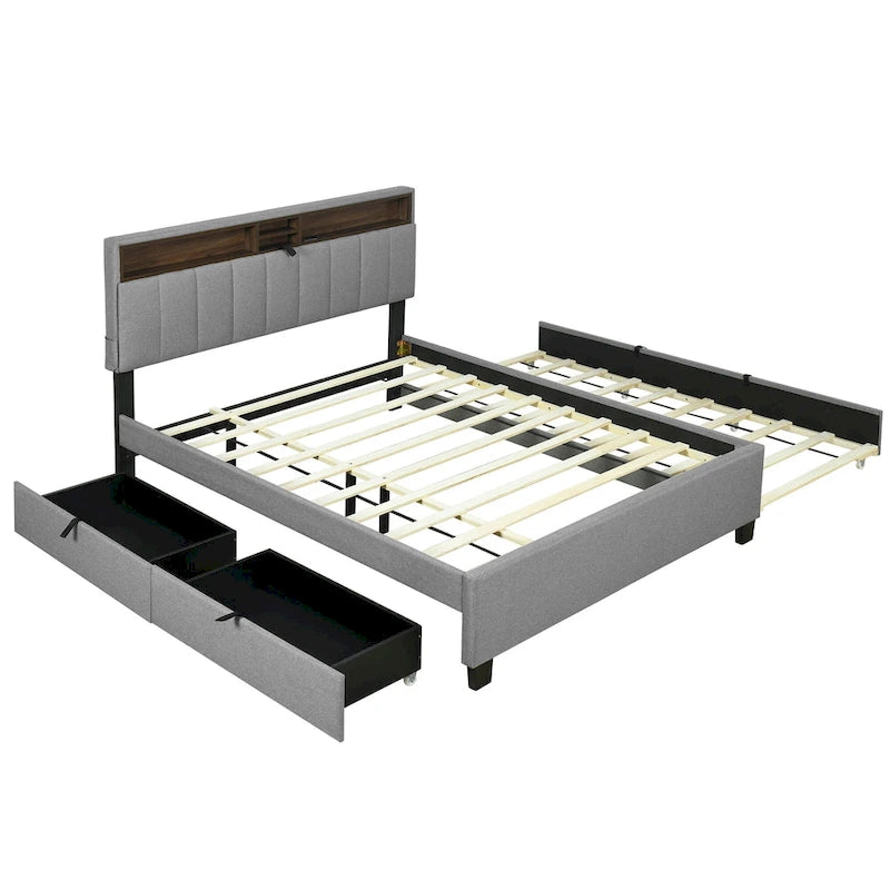 Lit plateforme en lin beige/gris avec rangement de tête de lit dissimulé, lit gigogne, 2 tiroirs et chargement USB – Double / Grand
