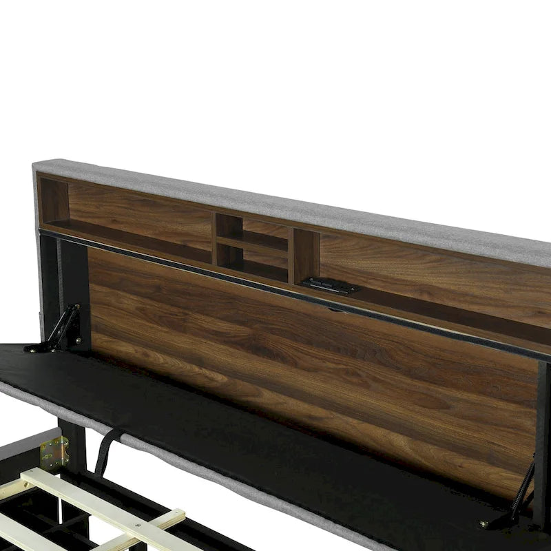 Lit plateforme en lin beige/gris avec rangement de tête de lit dissimulé, lit gigogne, 2 tiroirs et chargement USB – Double / Grand