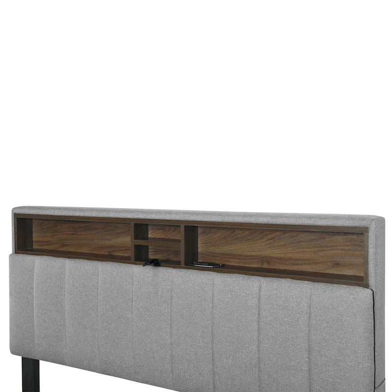 Lit plateforme en lin beige/gris avec rangement de tête de lit dissimulé, lit gigogne, 2 tiroirs et chargement USB – Double / Grand