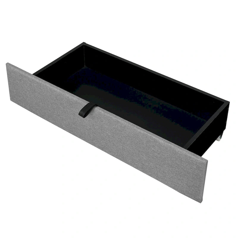 Lit plateforme en lin beige/gris avec rangement de tête de lit dissimulé, lit gigogne, 2 tiroirs et chargement USB – Double / Grand