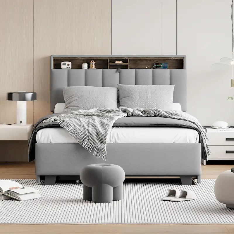 Lit plateforme en lin beige/gris avec rangement de tête de lit dissimulé, lit gigogne, 2 tiroirs et chargement USB – Double / Grand