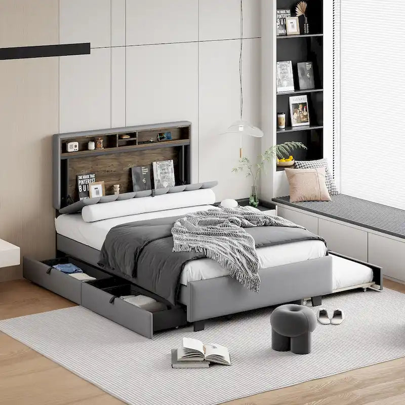 Lit plateforme en lin beige/gris avec rangement de tête de lit dissimulé, lit gigogne, 2 tiroirs et chargement USB – Double / Grand