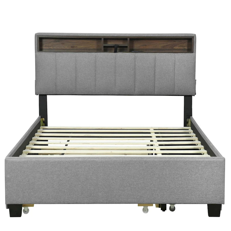 Lit plateforme en lin beige/gris avec rangement de tête de lit dissimulé, lit gigogne, 2 tiroirs et chargement USB – Double / Grand