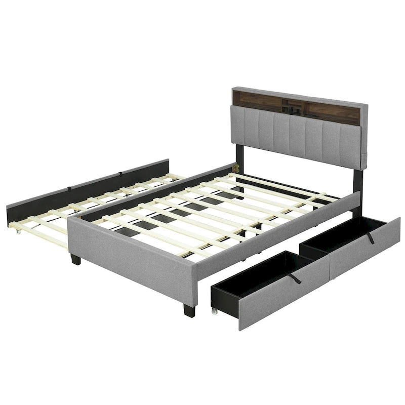 Lit plateforme en lin beige/gris avec rangement de tête de lit dissimulé, lit gigogne, 2 tiroirs et chargement USB – Double / Grand
