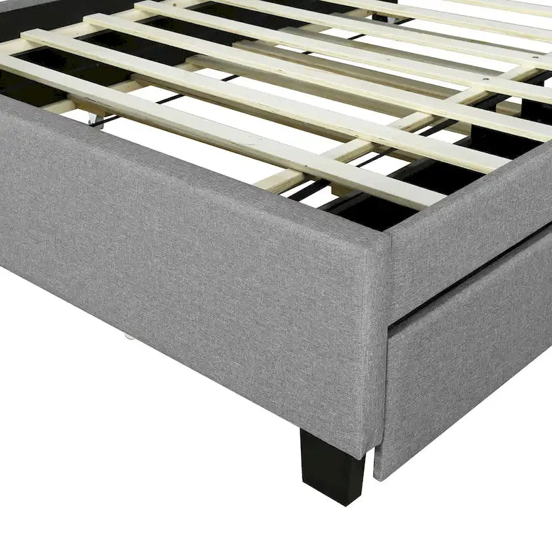 Lit plateforme en lin beige/gris avec rangement de tête de lit dissimulé, lit gigogne, 2 tiroirs et chargement USB – Double / Grand