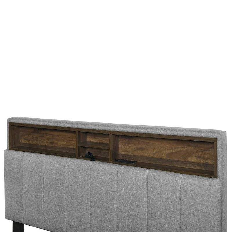 Lit plateforme en lin beige/gris avec rangement de tête de lit dissimulé, lit gigogne, 2 tiroirs et chargement USB – Double / Grand