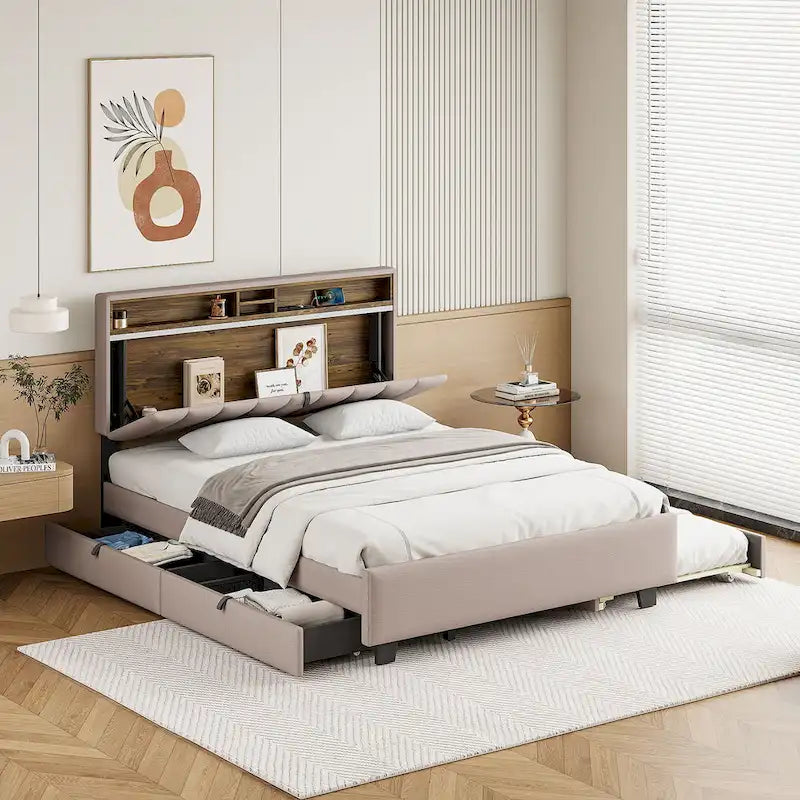 Lit plateforme en lin beige/gris avec rangement de tête de lit dissimulé, lit gigogne, 2 tiroirs et chargement USB – Double / Grand