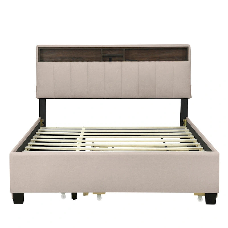 Lit plateforme en lin beige/gris avec rangement de tête de lit dissimulé, lit gigogne, 2 tiroirs et chargement USB – Double / Grand