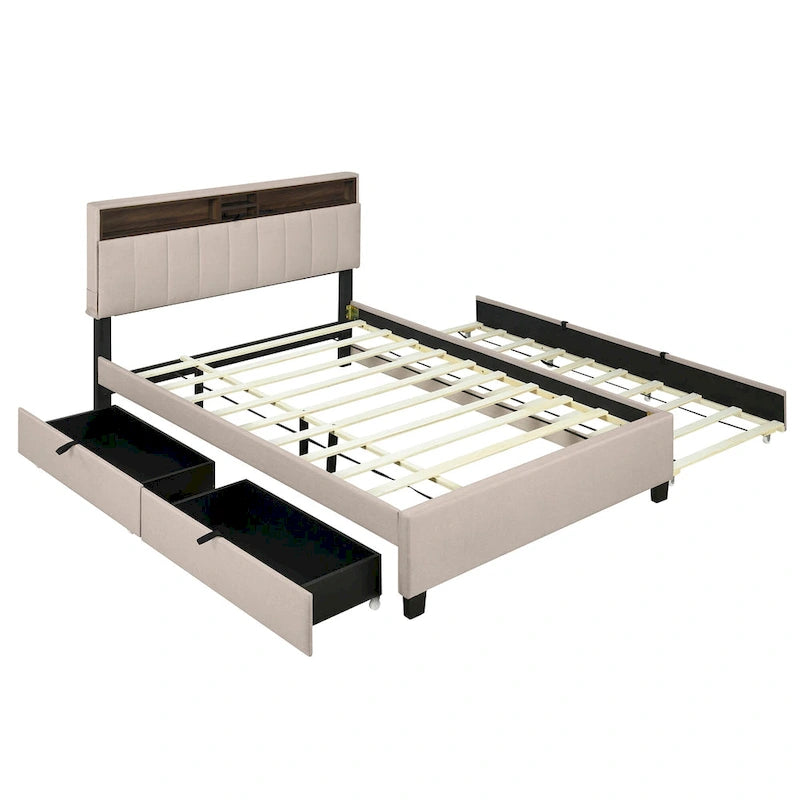 Lit plateforme en lin beige/gris avec rangement de tête de lit dissimulé, lit gigogne, 2 tiroirs et chargement USB – Double / Grand