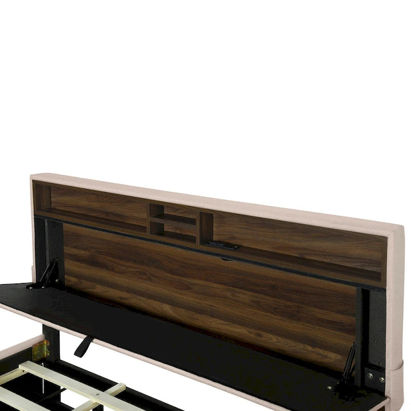 Lit plateforme en lin beige/gris avec rangement de tête de lit dissimulé, lit gigogne, 2 tiroirs et chargement USB – Double / Grand
