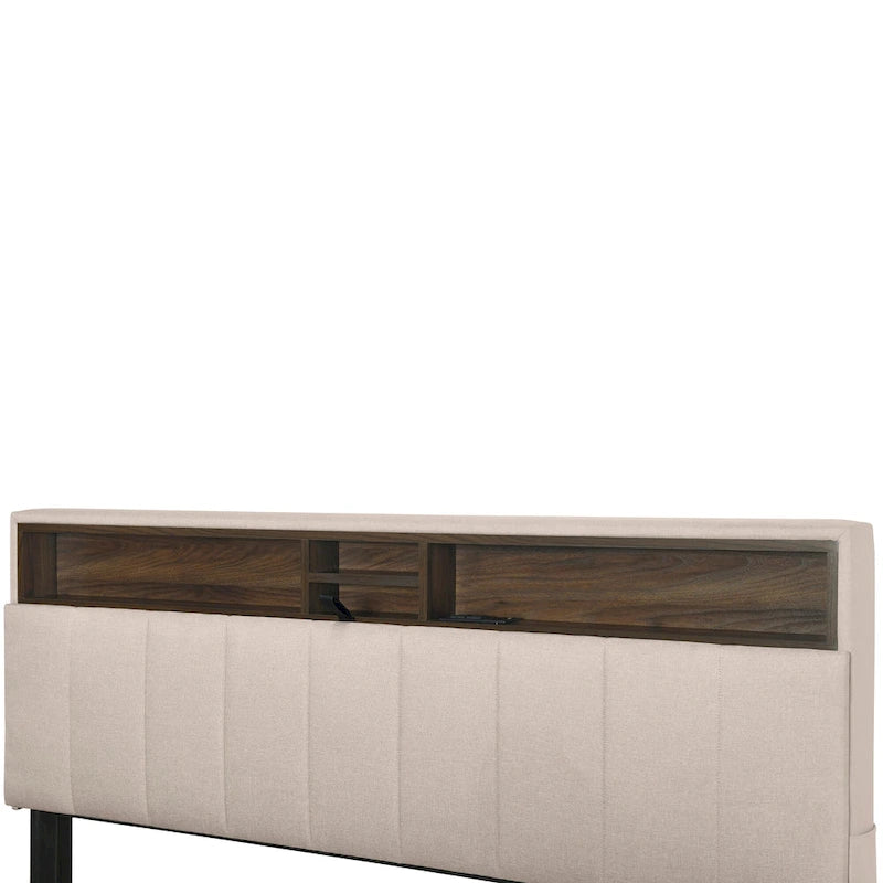 Lit plateforme en lin beige/gris avec rangement de tête de lit dissimulé, lit gigogne, 2 tiroirs et chargement USB – Double / Grand