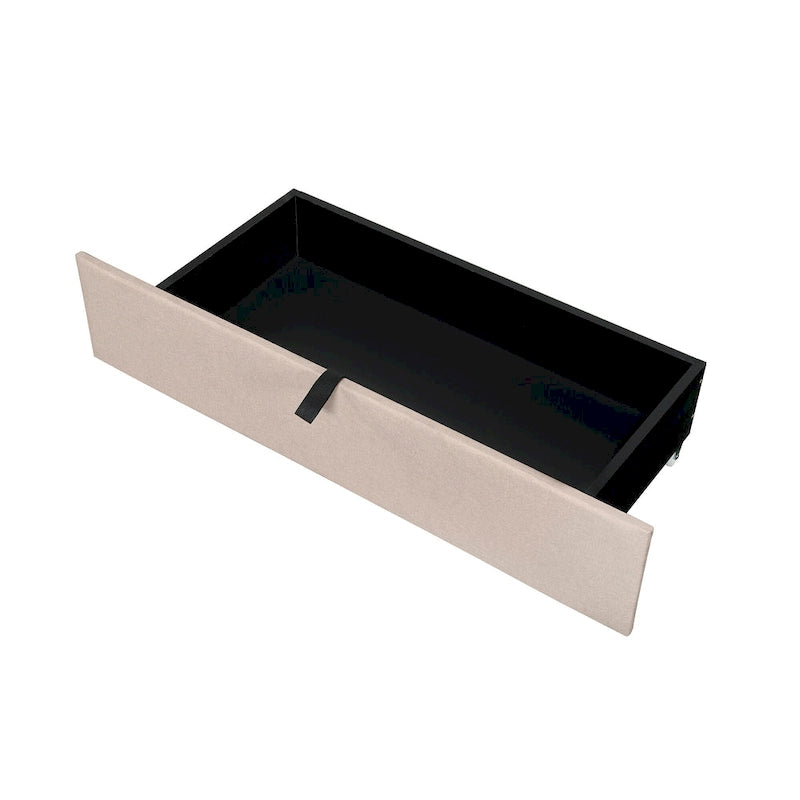 Lit plateforme en lin beige/gris avec rangement de tête de lit dissimulé, lit gigogne, 2 tiroirs et chargement USB – Double / Grand