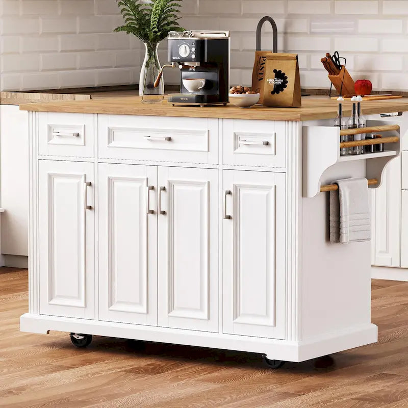 Îlot de cuisine roulant rustique blanc avec abattant en bois d'hévéa, 3 tiroirs et armoire à 4 portes – 1 pièce