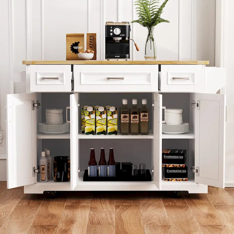 Îlot de cuisine roulant rustique blanc avec abattant en bois d'hévéa, 3 tiroirs et armoire à 4 portes – 1 pièce