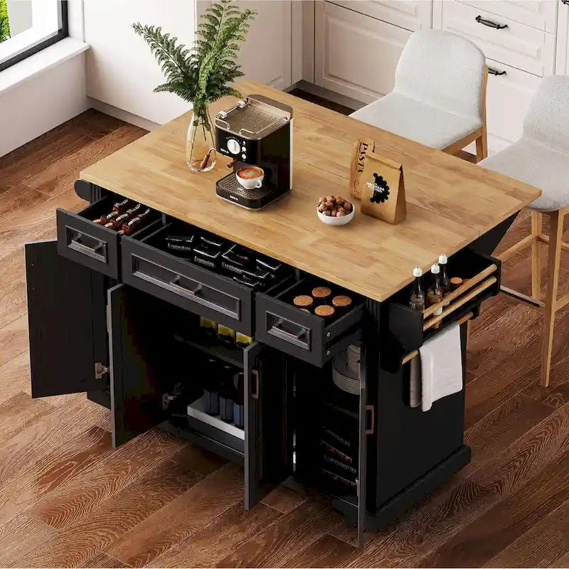 Îlot de cuisine roulant rustique blanc avec abattant en bois d'hévéa, 3 tiroirs et armoire à 4 portes – 1 pièce