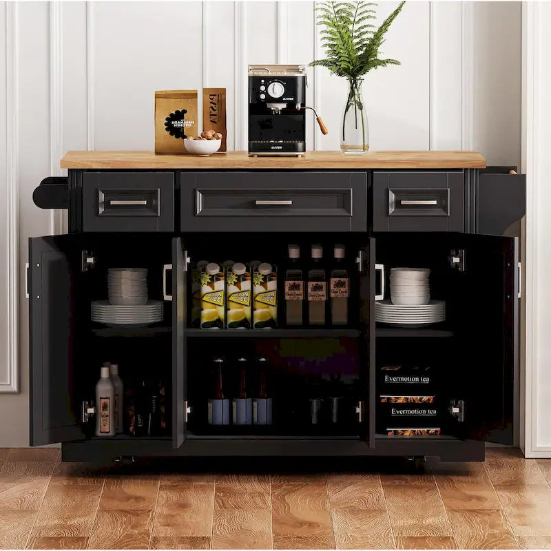 Îlot de cuisine roulant rustique blanc avec abattant en bois d'hévéa, 3 tiroirs et armoire à 4 portes – 1 pièce