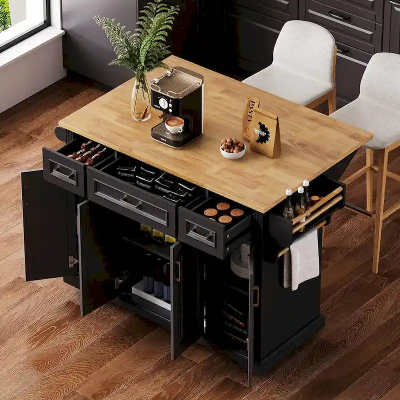 Îlot de cuisine roulant rustique blanc avec abattant en bois d'hévéa, 3 tiroirs et armoire à 4 portes – 1 pièce