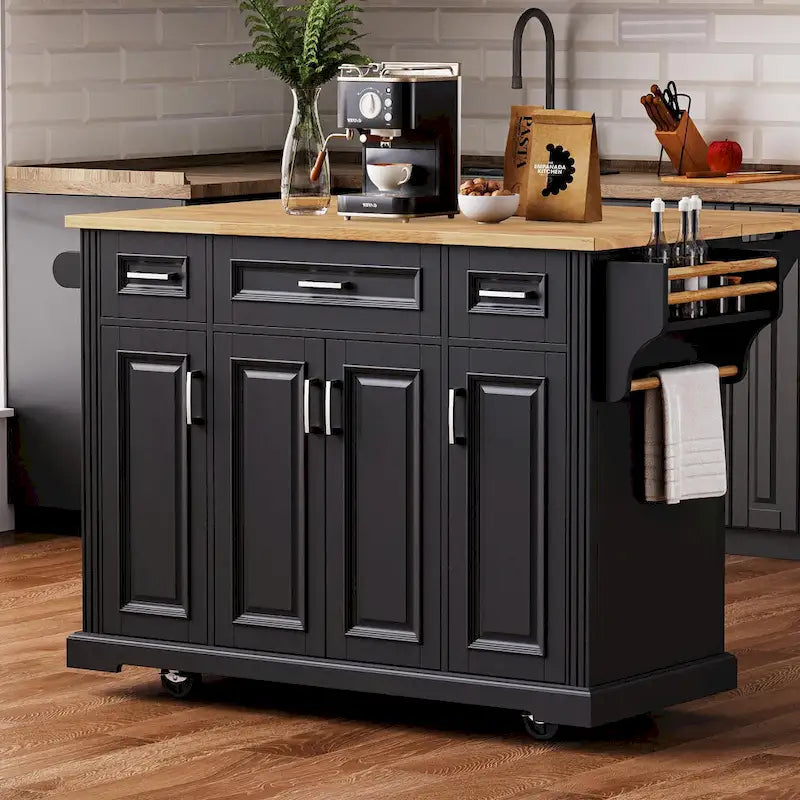 Îlot de cuisine roulant rustique blanc avec abattant en bois d'hévéa, 3 tiroirs et armoire à 4 portes – 1 pièce