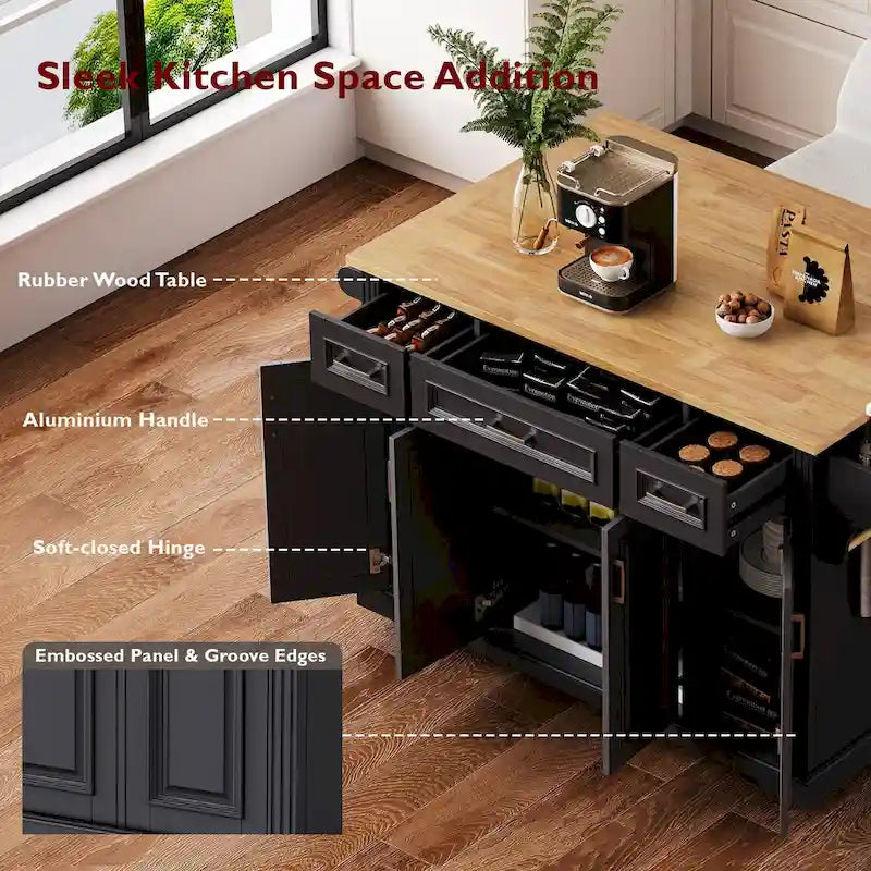 Îlot de cuisine roulant rustique blanc avec abattant en bois d'hévéa, 3 tiroirs et armoire à 4 portes – 1 pièce