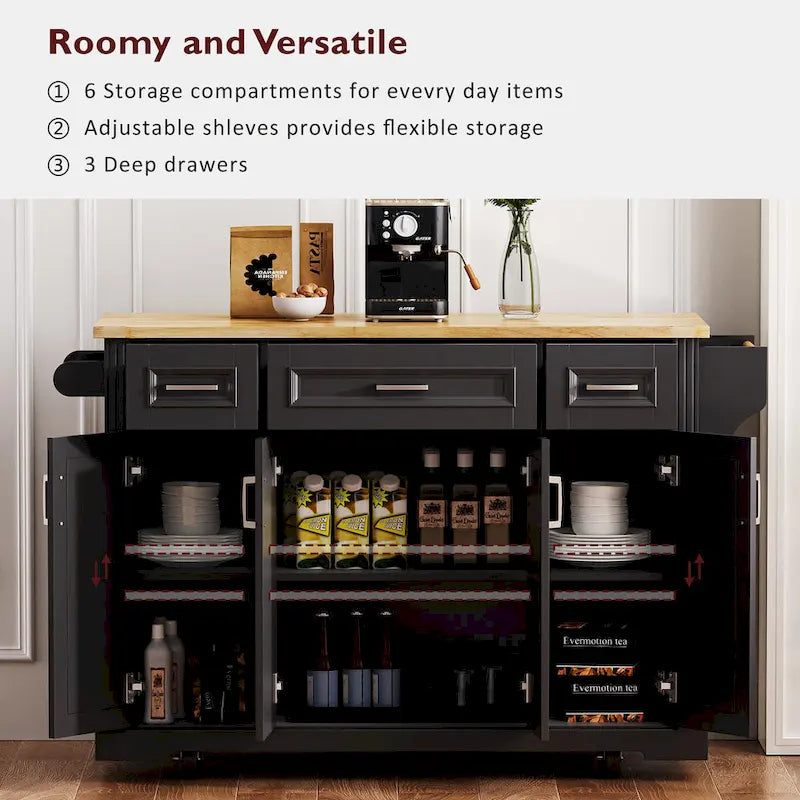Îlot de cuisine roulant rustique blanc avec abattant en bois d'hévéa, 3 tiroirs et armoire à 4 portes – 1 pièce