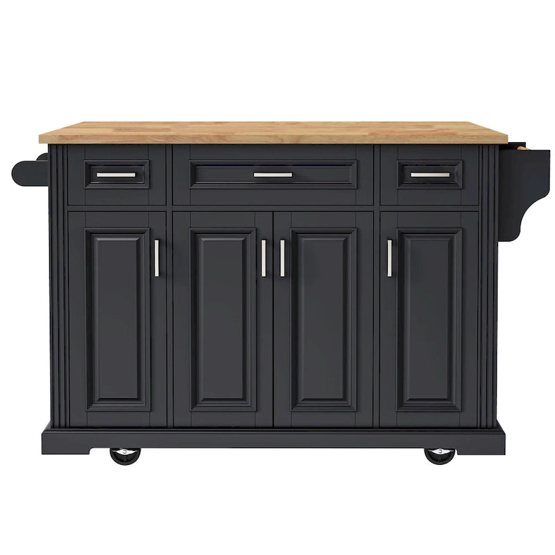 Îlot de cuisine roulant rustique blanc avec abattant en bois d'hévéa, 3 tiroirs et armoire à 4 portes – 1 pièce