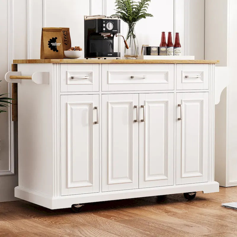 Îlot de cuisine roulant rustique blanc avec abattant en bois d'hévéa, 3 tiroirs et armoire à 4 portes – 1 pièce