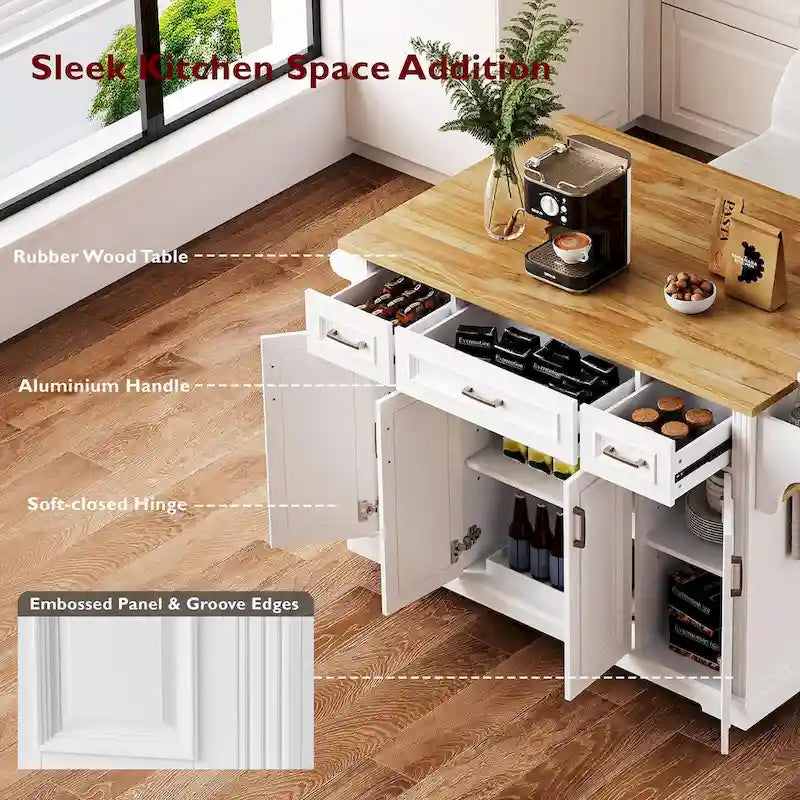 Îlot de cuisine roulant rustique blanc avec abattant en bois d'hévéa, 3 tiroirs et armoire à 4 portes – 1 pièce