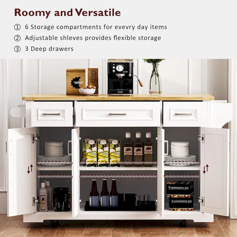 Îlot de cuisine roulant rustique blanc avec abattant en bois d'hévéa, 3 tiroirs et armoire à 4 portes – 1 pièce