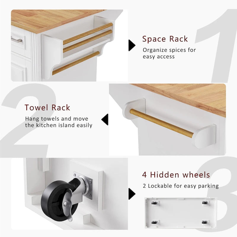 Îlot de cuisine roulant rustique blanc avec abattant en bois d'hévéa, 3 tiroirs et armoire à 4 portes – 1 pièce
