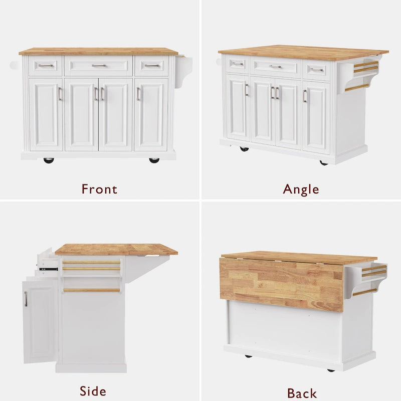 Îlot de cuisine roulant rustique blanc avec abattant en bois d'hévéa, 3 tiroirs et armoire à 4 portes – 1 pièce